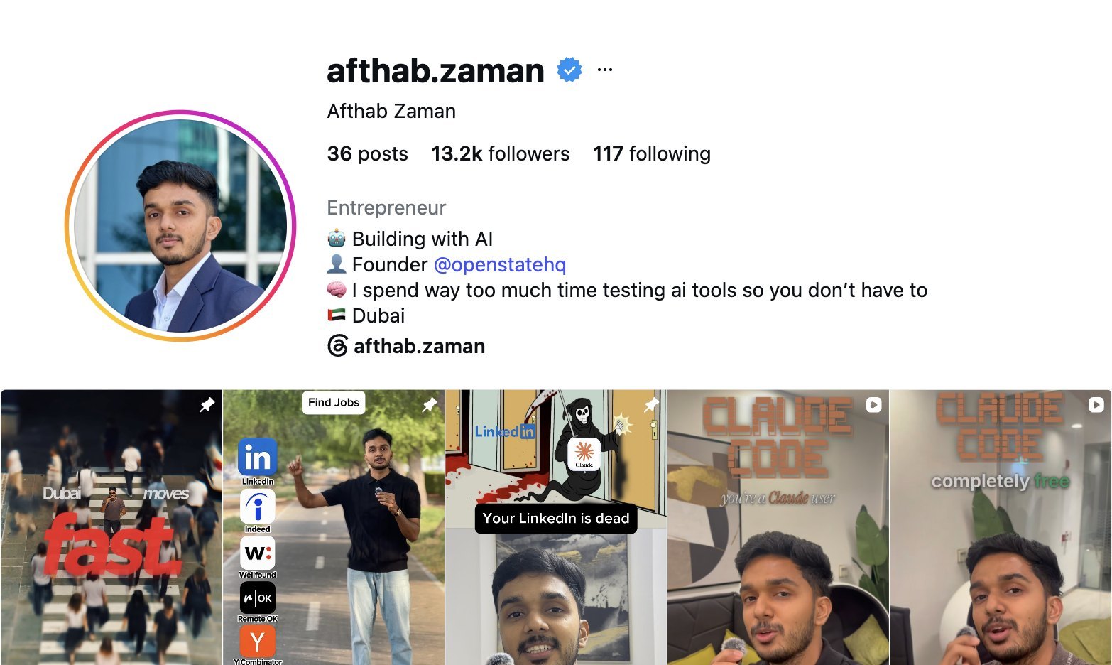 Screenshot of Afthab's Instagram profile: 0 followers at start, 13.2K followers now, 2 months, 437K best reel views
