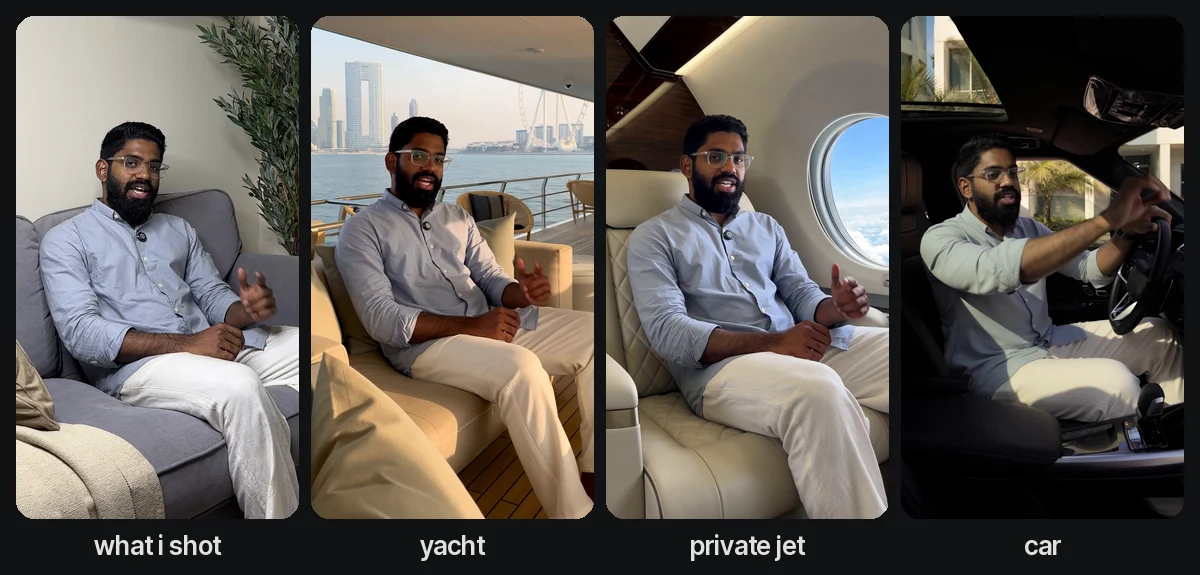 the same moment four times: what i shot on my sofa, then the yacht, the private jet and the car