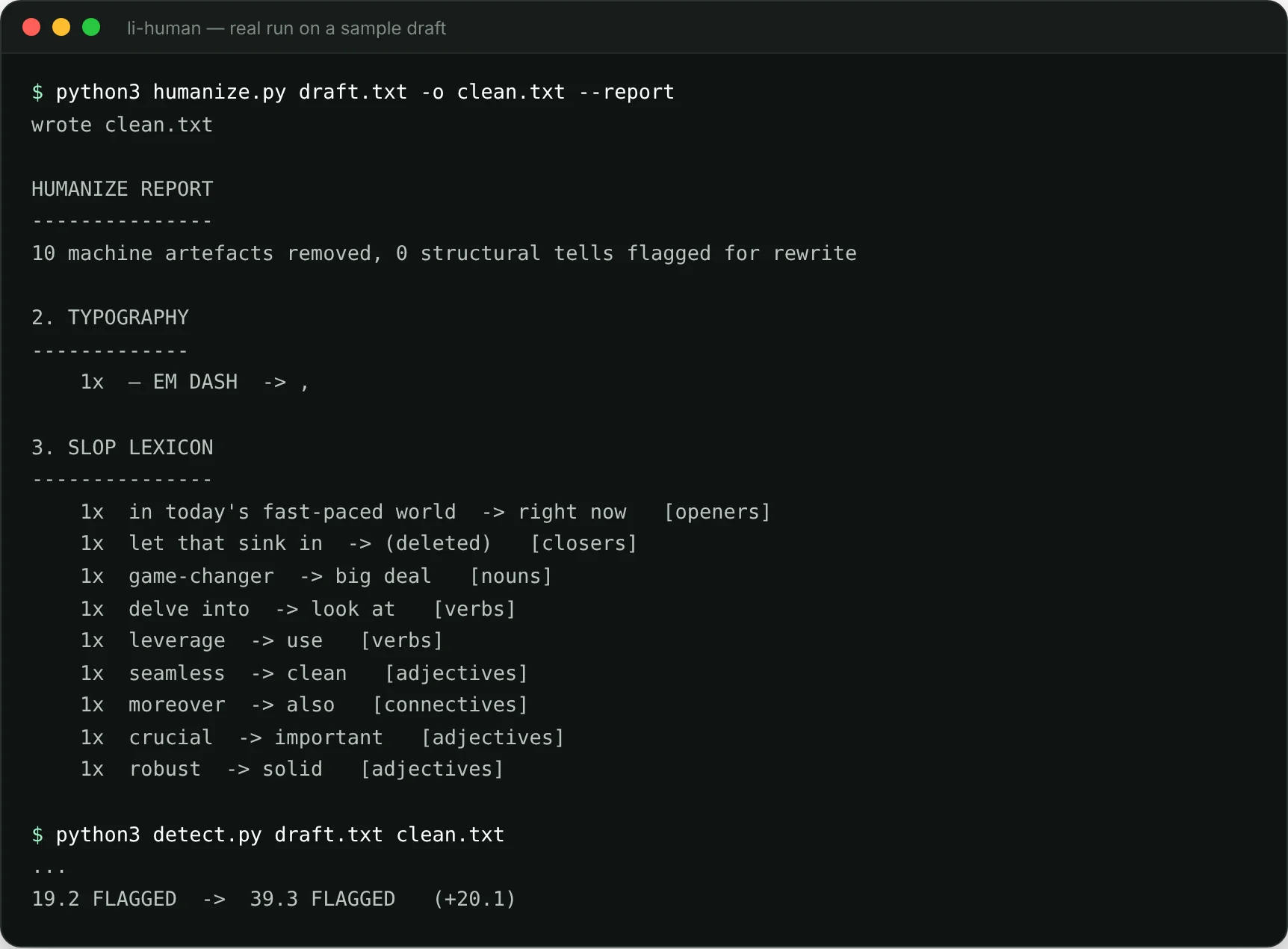 Terminal output of humanize.py and detect.py on the sample draft