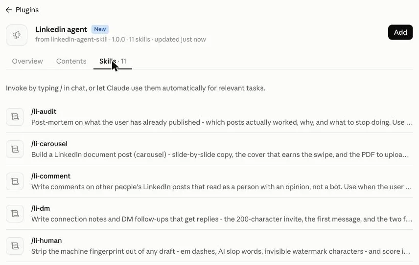 Open “Linkedin agent”, click Add